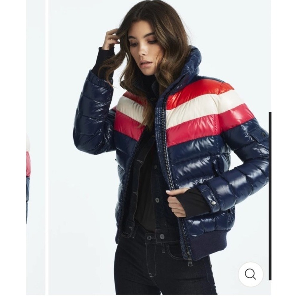 SAM Starburst Marine Down Puffer Coat, Colorblock Striped, Size S $375